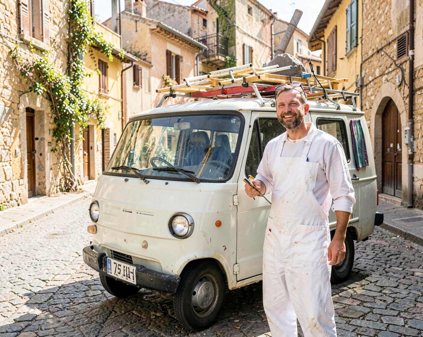 Steven, artisan peintre, devant son camion sur un chantier